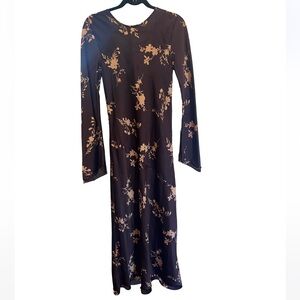 Brown long sleeve maxi dress orange floral open tie back size small